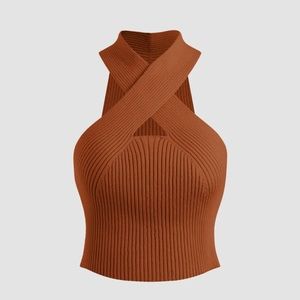 Rib Cross Halter Top Brown, new Medium size